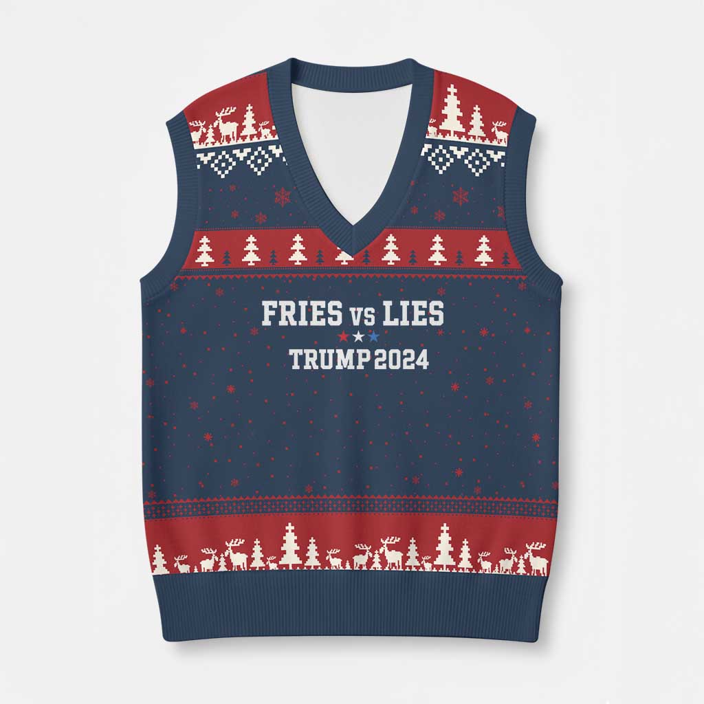 Funny Trump French Fry V-Neck Knit Sweater Vest Fries vs Lies 2024 TS02 Navy Red Print Your Wear