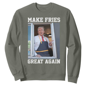 Funny Trump Serving Fry Sweatshirt Make Fries Great Again Donald Trump 2024 TS02 Military Green Print Your Wear