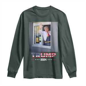 Funny Trump Serving Fry 2024 Long Sleeve Shirt Works Drive-thru Serving French Fries TS02 Dark Forest Green Print Your Wear