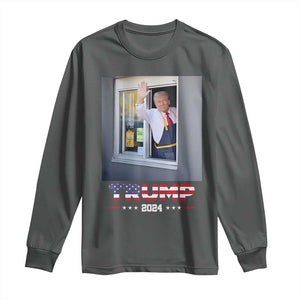 Funny Trump Serving Fry 2024 Long Sleeve Shirt Works Drive-thru Serving French Fries TS02 Dark Heather Print Your Wear