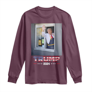 Funny Trump Serving Fry 2024 Long Sleeve Shirt Works Drive-thru Serving French Fries TS02 Maroon Print Your Wear