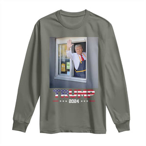 Funny Trump Serving Fry 2024 Long Sleeve Shirt Works Drive-thru Serving French Fries TS02 Military Green Print Your Wear