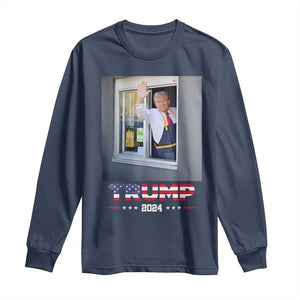 Funny Trump Serving Fry 2024 Long Sleeve Shirt Works Drive-thru Serving French Fries TS02 Navy Print Your Wear