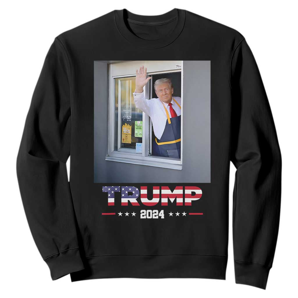 Funny Trump Serving Fry 2024 Sweatshirt Works Drive-thru Serving French Fries TS02 Black Print Your Wear