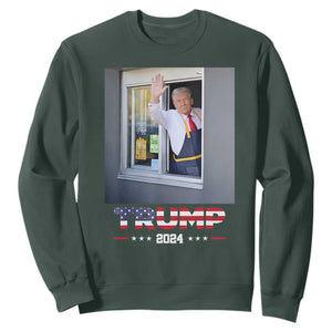 Funny Trump Serving Fry 2024 Sweatshirt Works Drive-thru Serving French Fries TS02 Dark Forest Green Print Your Wear