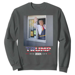 Funny Trump Serving Fry 2024 Sweatshirt Works Drive-thru Serving French Fries TS02 Dark Heather Print Your Wear