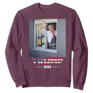 Funny Trump Serving Fry 2024 Sweatshirt Works Drive-thru Serving French Fries TS02 Maroon Print Your Wear