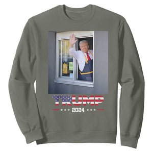 Funny Trump Serving Fry 2024 Sweatshirt Works Drive-thru Serving French Fries TS02 Military Green Print Your Wear