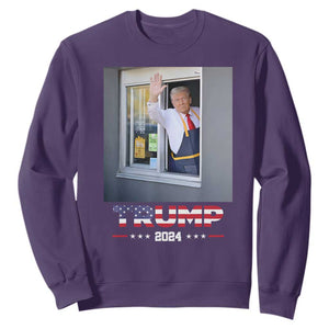 Funny Trump Serving Fry 2024 Sweatshirt Works Drive-thru Serving French Fries TS02 Purple Print Your Wear