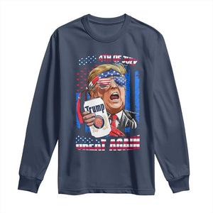 Trump Won 2024 Long Sleeve Shirt Make 4th of July Great Again Beer Drinking USA Party American Flag TS02 Navy Print Your Wear