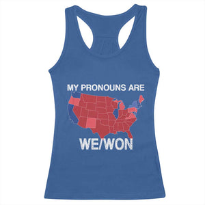 Funny Pronouns 2024 Racerback Tank Top My Pronouns Are We Won Trump Supporters Red States America Map TS02 Royal Blue Print Your Wear