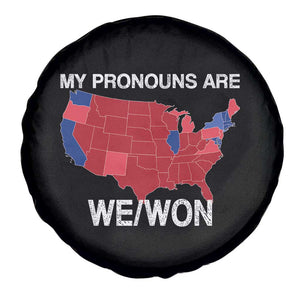 Funny Pronouns 2024 Spare Tire Cover My Pronouns Are We Won Trump Supporters Red States America Map TS02 Print Your Wear