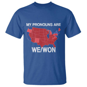 Funny Pronouns 2024 T Shirt My Pronouns Are We Won Trump Supporters Red States America Map TS02 Royal Blue Print Your Wear