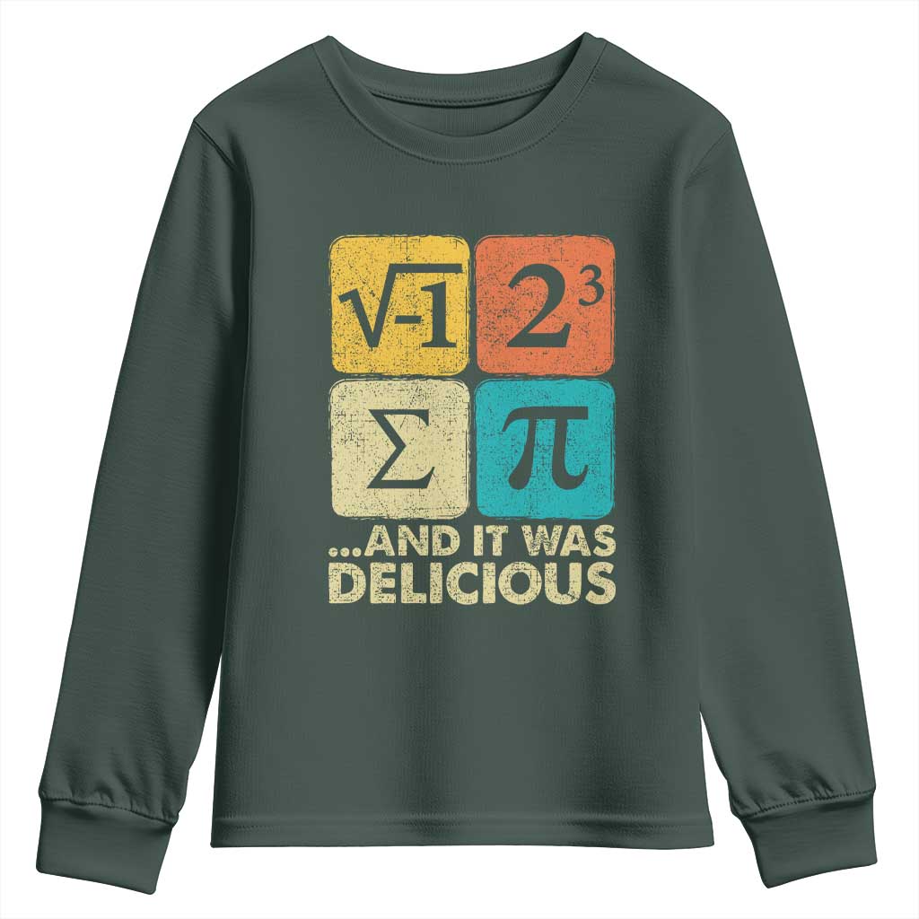 Funny Number Pi Youth Sweatshirt I Ate Some Pie and It Was Delicious Funny PI Day Math Pun TS02 Dark Forest Green Print Your Wear