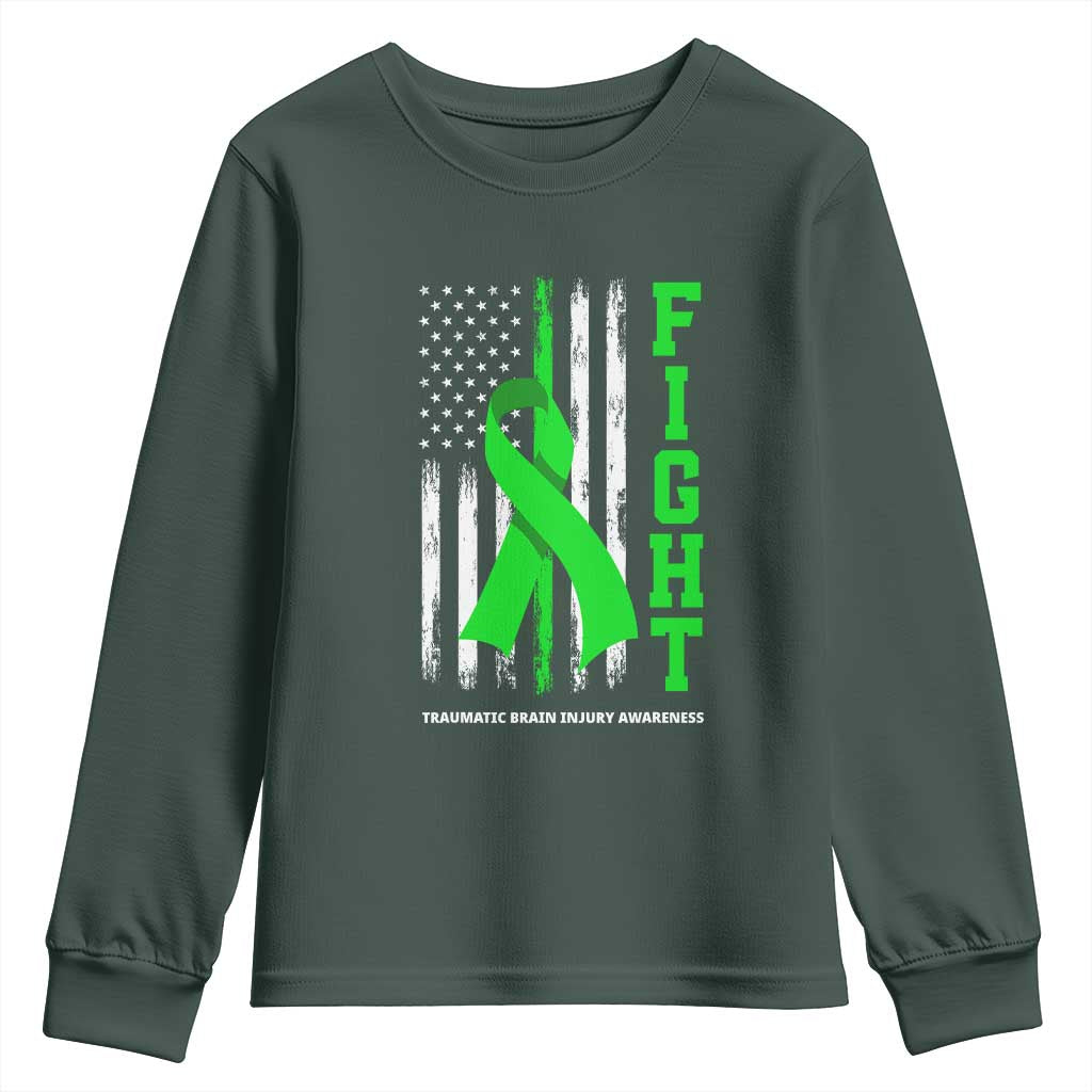 Traumatic Brain Injury Awareness Youth Sweatshirt Fight TBI American US Flag TS02 Dark Forest Green Print Your Wear