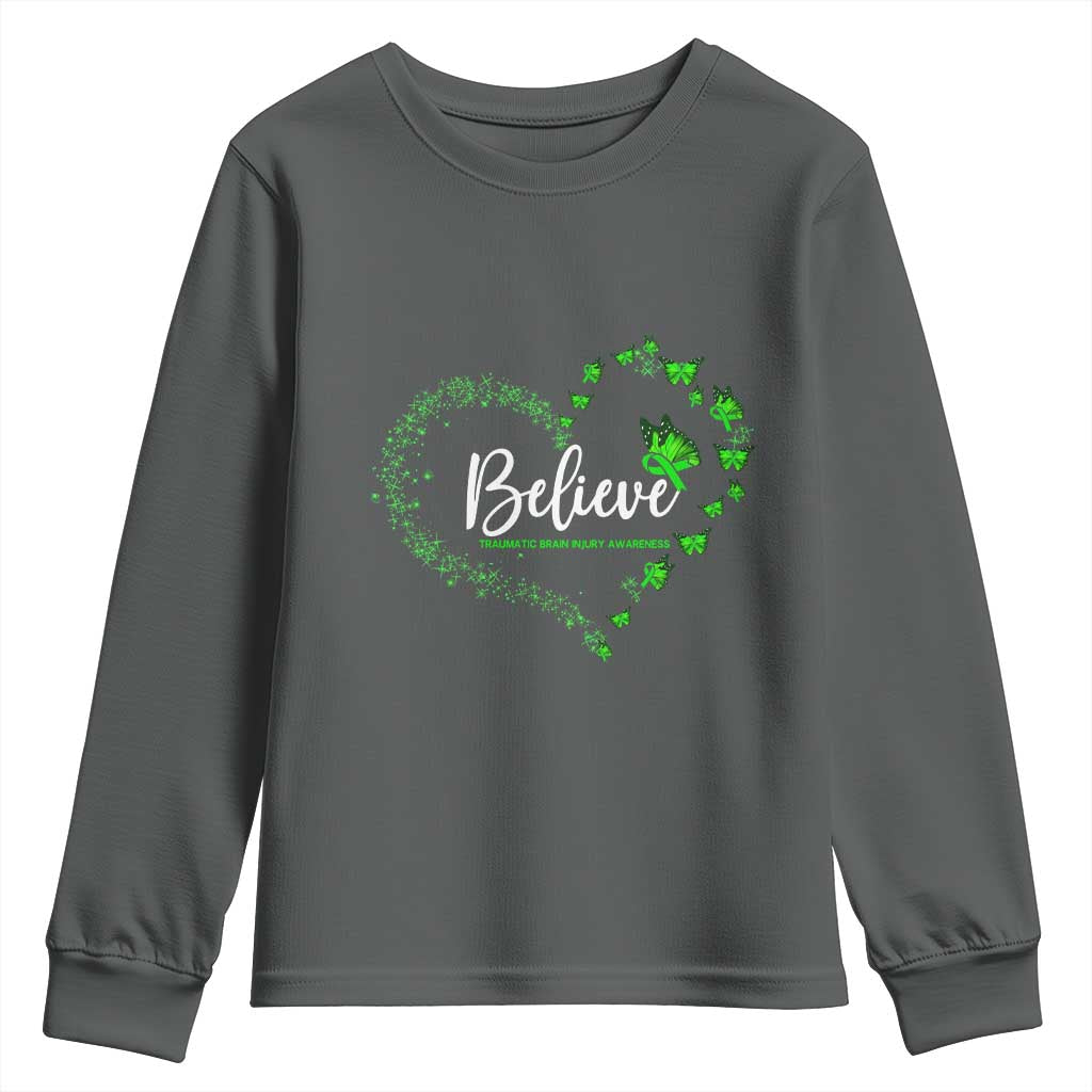 Traumatic Brain Injury Awareness Youth Sweatshirt TBI Believe Butterflies TS02 Dark Heather Print Your Wear