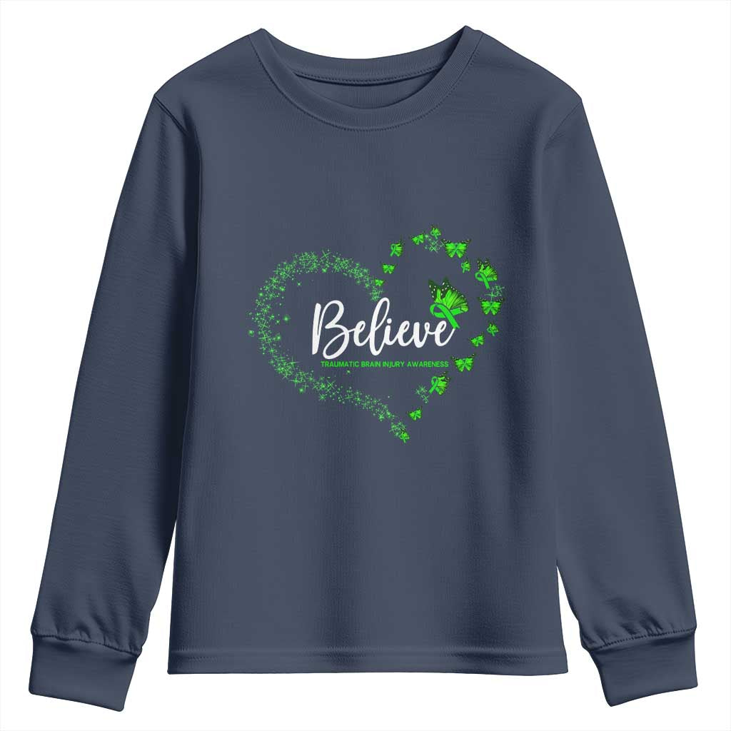 Traumatic Brain Injury Awareness Youth Sweatshirt TBI Believe Butterflies TS02 Navy Print Your Wear