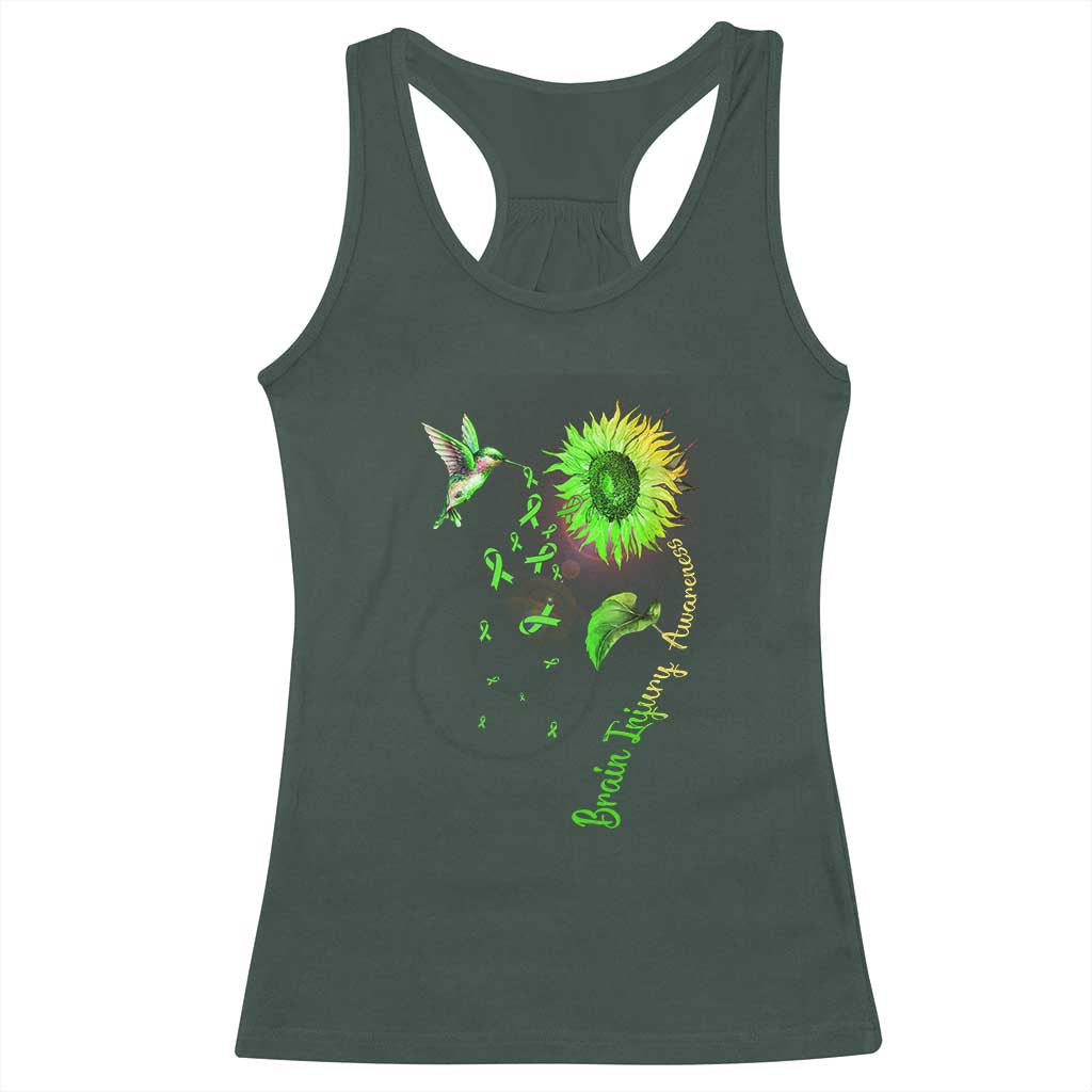 Traumatic Brain Injury Awareness Racerback Tank Top Sunflower Hummingbird TS02 Dark Forest Green Print Your Wear