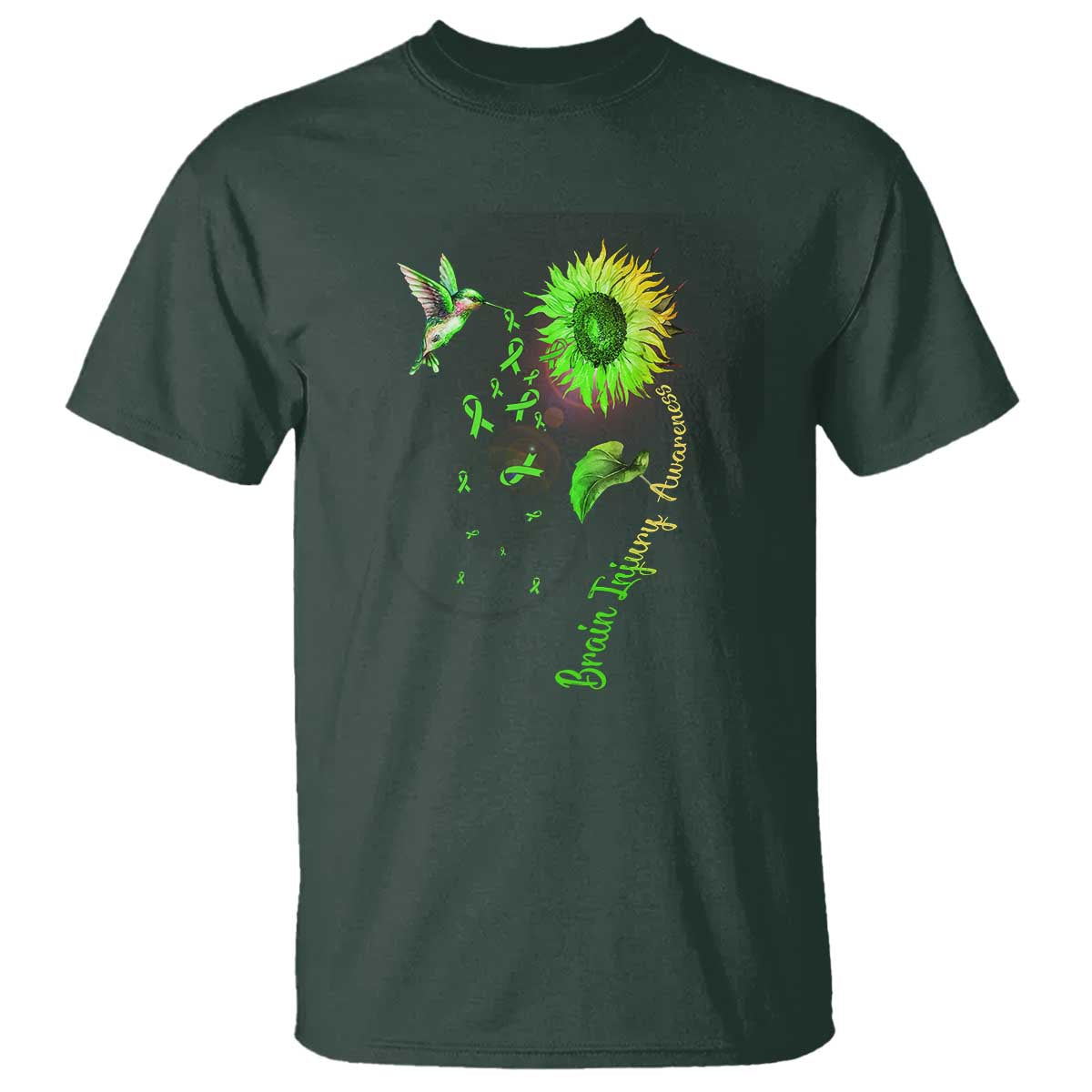 Traumatic Brain Injury Awareness T Shirt Sunflower Hummingbird TS02 Dark Forest Green Print Your Wear