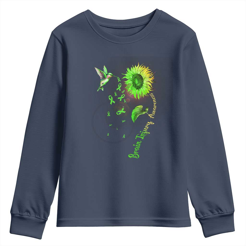 Traumatic Brain Injury Awareness Youth Sweatshirt Sunflower Hummingbird TS02 Navy Print Your Wear