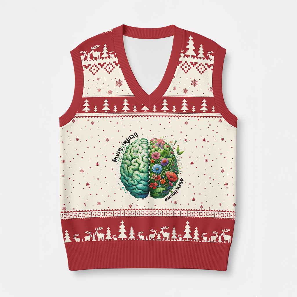 Traumatic Brain Injury Awareness V-Neck Knit Sweater Vest TBI Warrior Green Floral Brain TS02 Beige Red Print Your Wear
