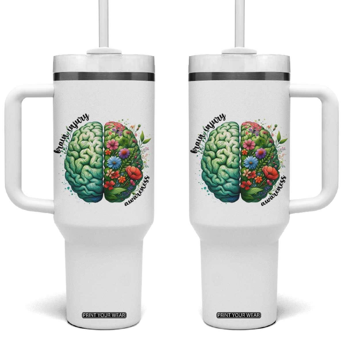 Traumatic Brain Injury Awareness Tumbler With Handle TBI Warrior Green Floral Brain TS02 One Size: 40 oz White Print Your Wear