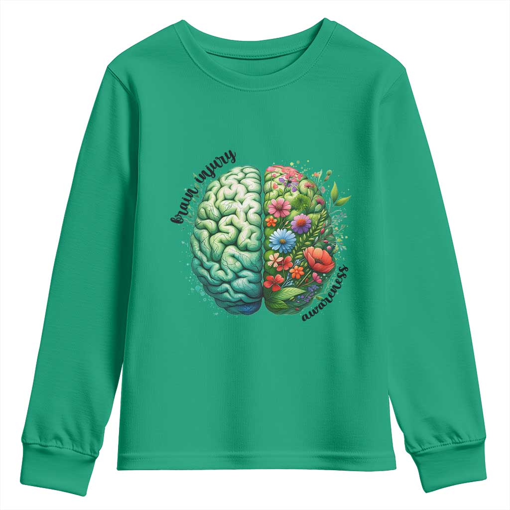 Traumatic Brain Injury Awareness Youth Sweatshirt TBI Warrior Green Floral Brain TS02 Irish Green Print Your Wear