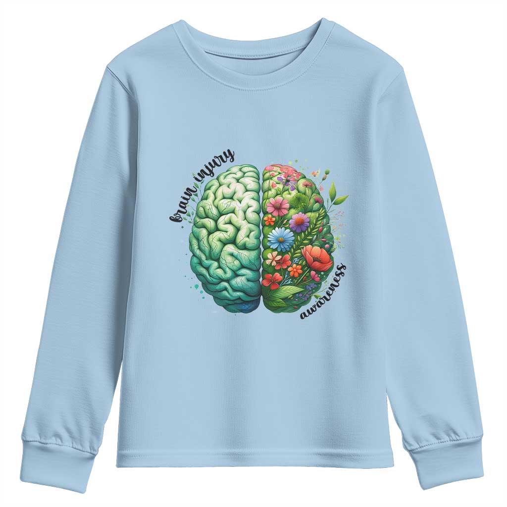 Traumatic Brain Injury Awareness Youth Sweatshirt TBI Warrior Green Floral Brain TS02 Light Blue Print Your Wear