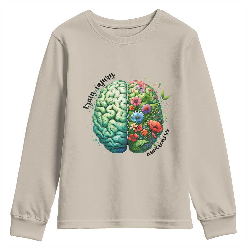 Traumatic Brain Injury Awareness Youth Sweatshirt TBI Warrior Green Floral Brain TS02 Sand Print Your Wear