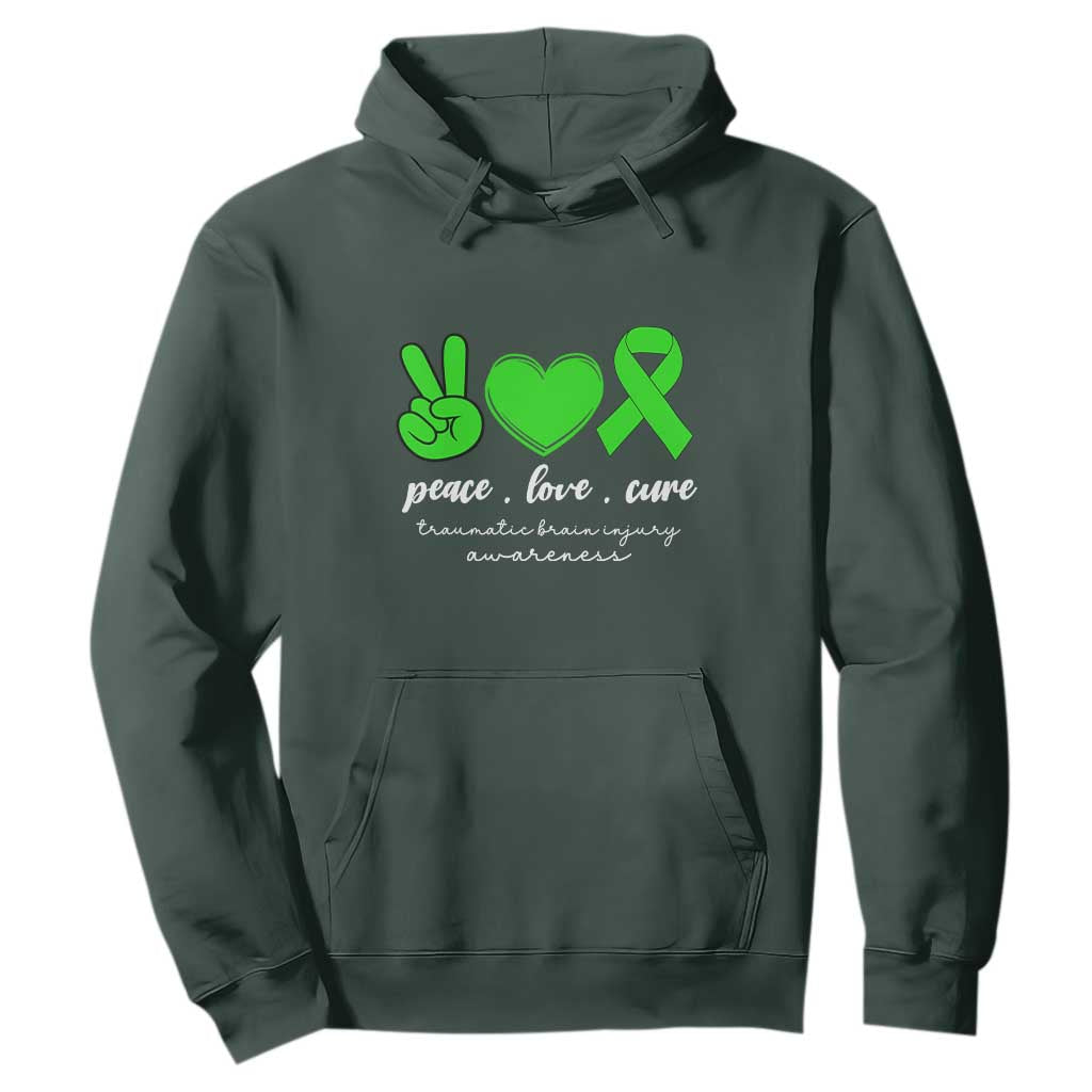 Traumatic Brain Injury Awareness Hoodie Peace Love Cure TBI Warrior TS02 Dark Forest Green Print Your Wear