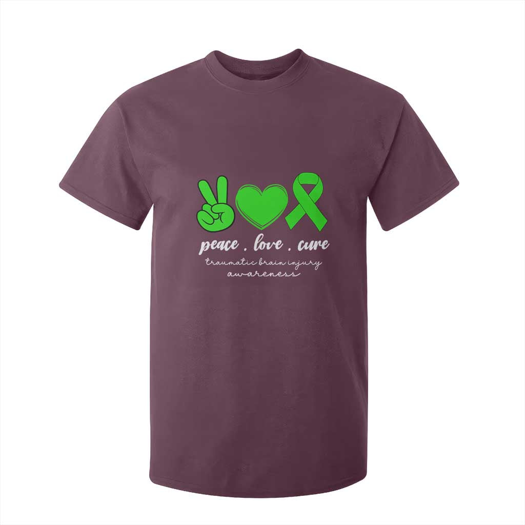 Traumatic Brain Injury Awareness T Shirt For Kid Peace Love Cure TBI Warrior TS02 Maroon Print Your Wear