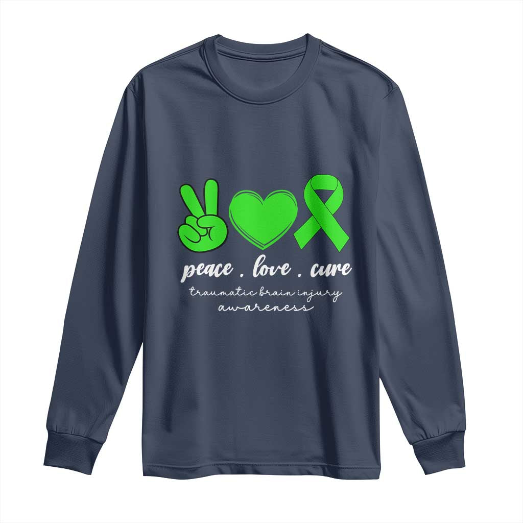 Traumatic Brain Injury Awareness Long Sleeve Shirt Peace Love Cure TBI Warrior TS02 Navy Print Your Wear