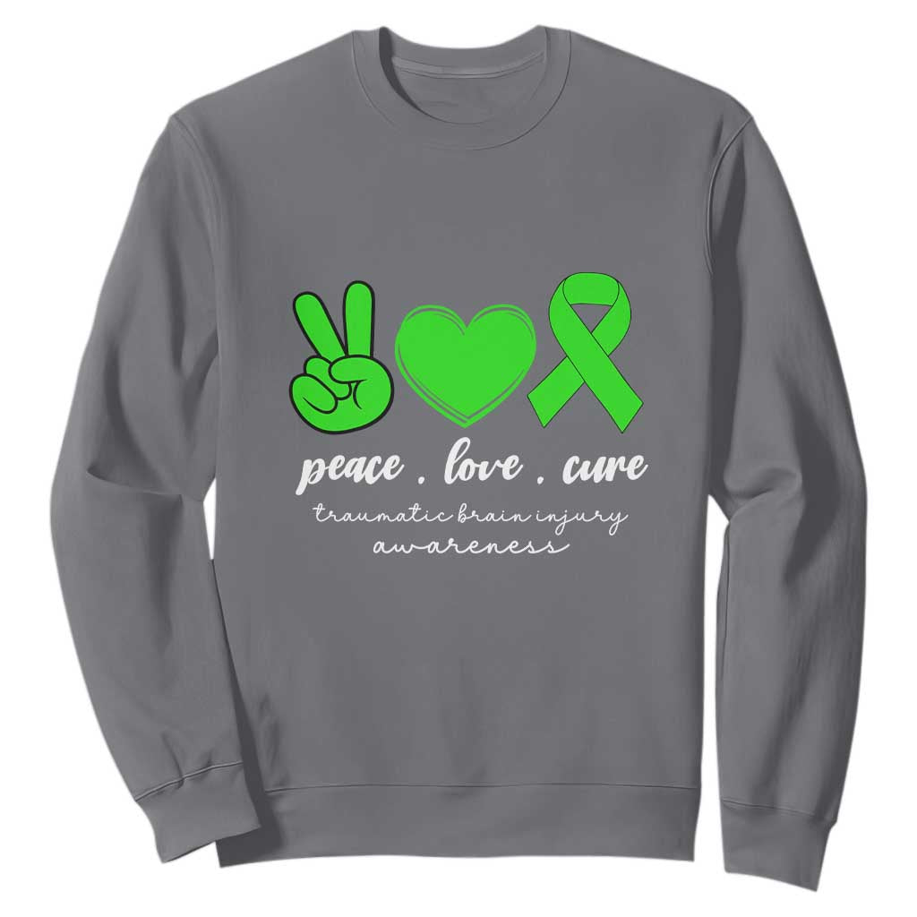 Traumatic Brain Injury Awareness Sweatshirt Peace Love Cure TBI Warrior TS02 Charcoal Print Your Wear