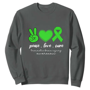Traumatic Brain Injury Awareness Sweatshirt Peace Love Cure TBI Warrior TS02 Dark Heather Print Your Wear