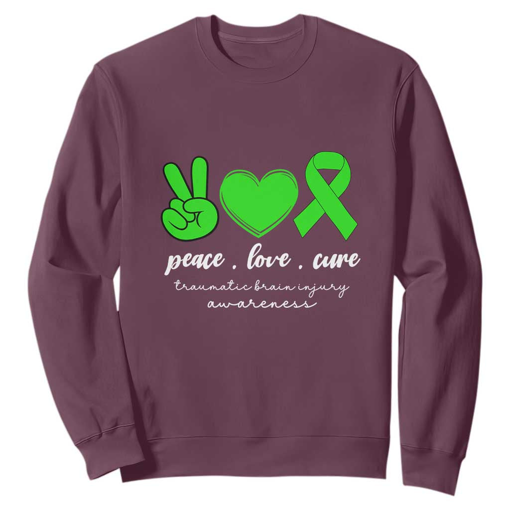 Traumatic Brain Injury Awareness Sweatshirt Peace Love Cure TBI Warrior TS02 Maroon Print Your Wear