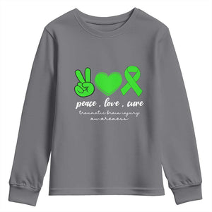 Traumatic Brain Injury Awareness Youth Sweatshirt Peace Love Cure TBI Warrior TS02 Charcoal Print Your Wear
