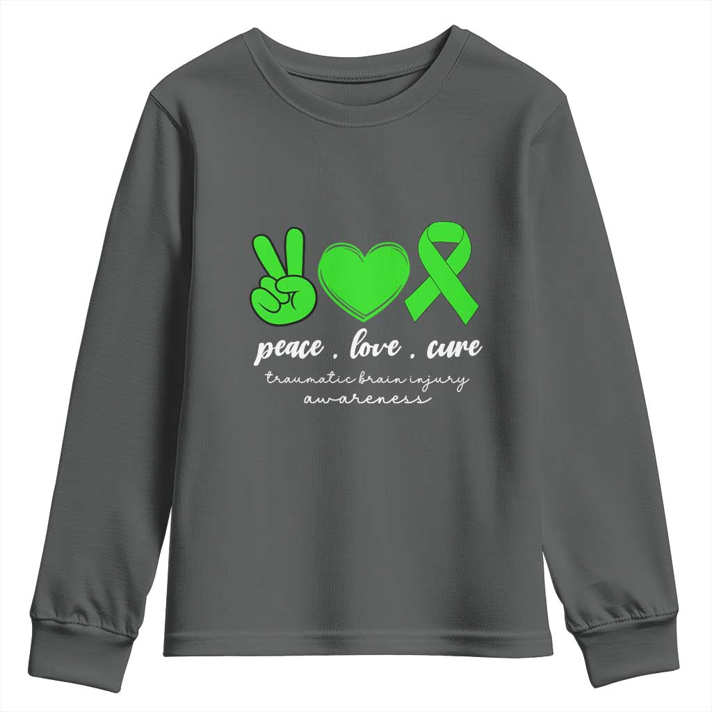 Traumatic Brain Injury Awareness Youth Sweatshirt Peace Love Cure TBI Warrior TS02 Dark Heather Print Your Wear