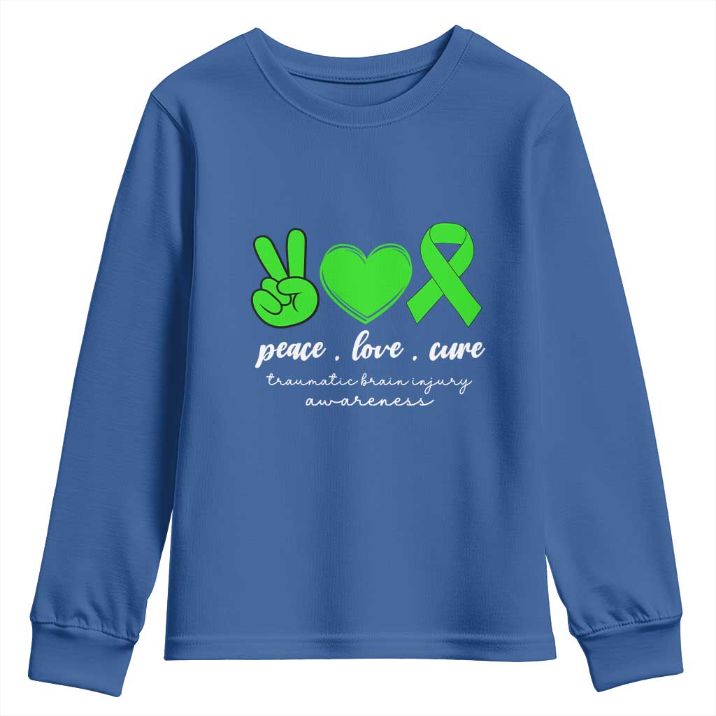 Traumatic Brain Injury Awareness Youth Sweatshirt Peace Love Cure TBI Warrior TS02 Royal Blue Print Your Wear