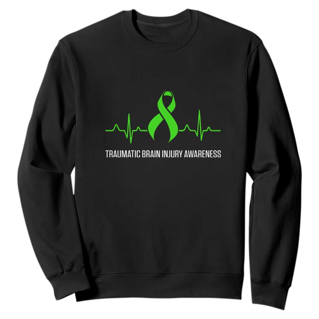 Traumatic Brain Injury Awareness Sweatshirt TBI Warrior Heartbeat Green Ribbon TS02 Black Print Your Wear