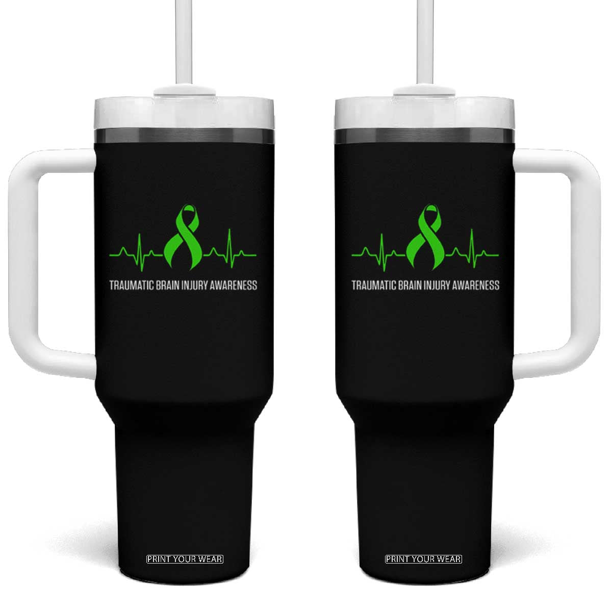 Traumatic Brain Injury Awareness Tumbler With Handle TBI Warrior Heartbeat Green Ribbon TS02 One Size: 40 oz Black Print Your Wear