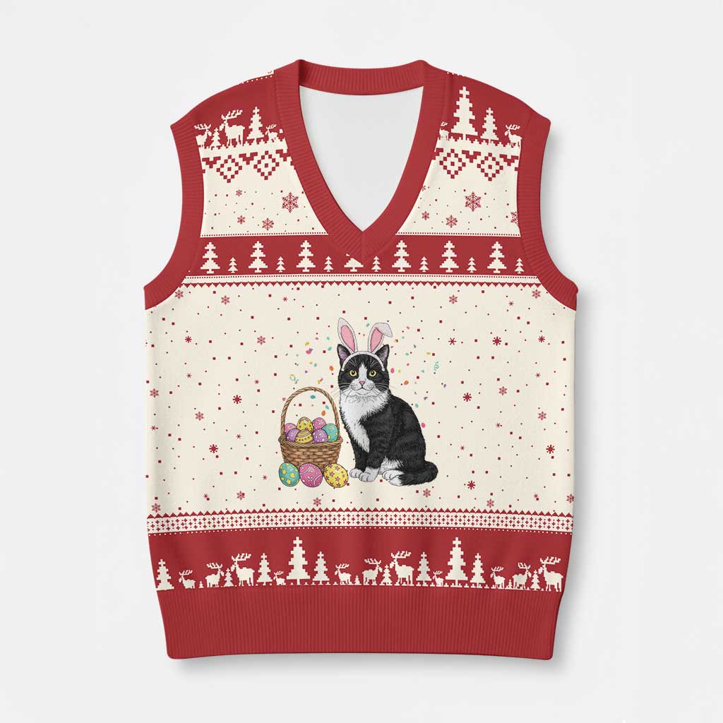 Easter Day Cat Bunny Ears Eggs Graphic V-Neck Knit Sweater Vest TS02 Beige Red Print Your Wear