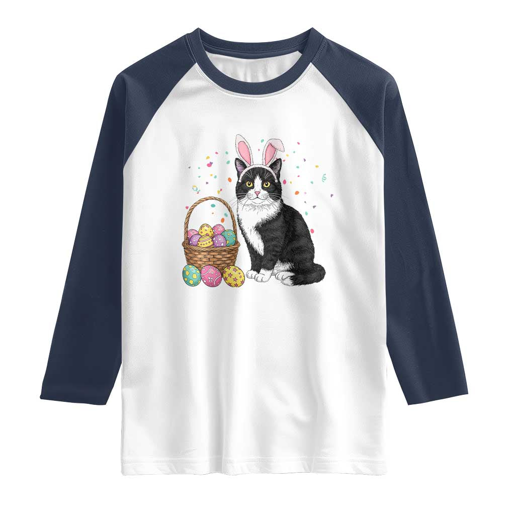 Easter Day Cat Bunny Ears Eggs Graphic Raglan Shirt TS02 White Navy Print Your Wear