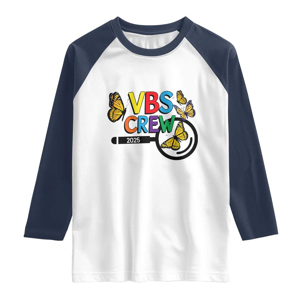VBS 2025 Raglan Shirt Magnified Vacation Bible School Butterfly VBS Team TS02 White Navy Print Your Wear