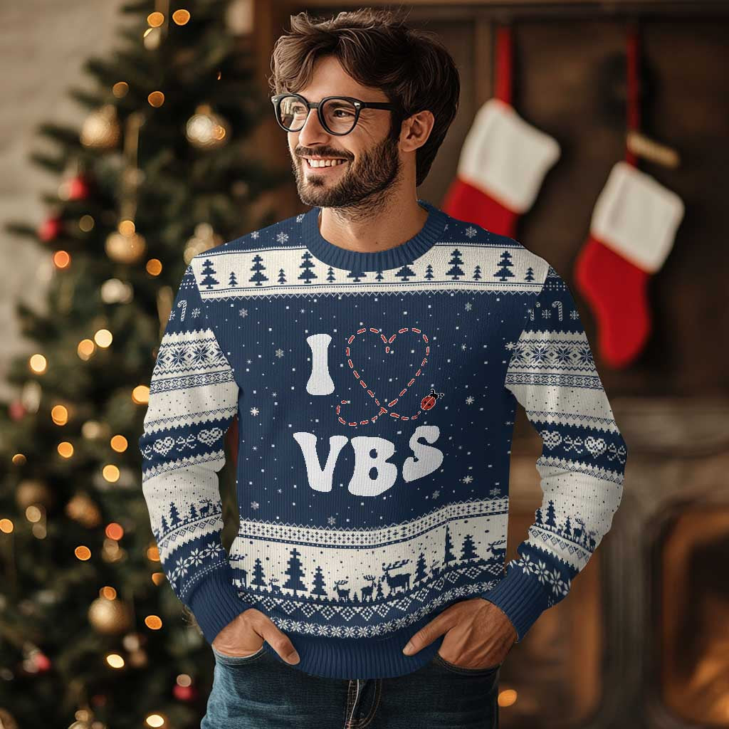 I Love VBS 2025 Ugly Christmas Sweater Vacation Bible School Ladybug VBS Team TS02 Navy Beige Print Your Wear