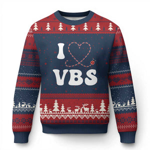I Love VBS 2025 Ugly Christmas Sweater Vacation Bible School Ladybug VBS Team TS02 Navy Red Print Your Wear