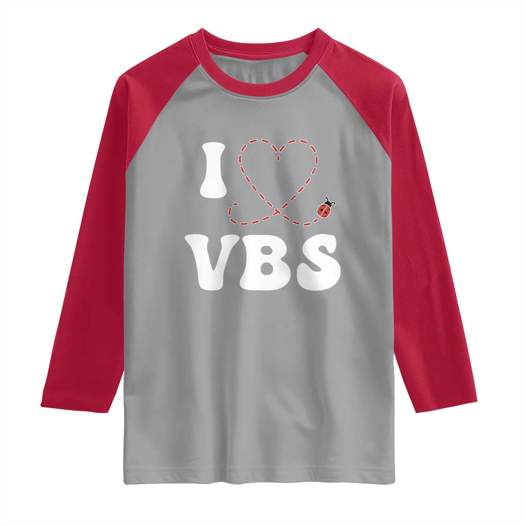 I Love VBS 2025 Raglan Shirt Vacation Bible School Ladybug VBS Team TS02 Sport Gray Red Print Your Wear