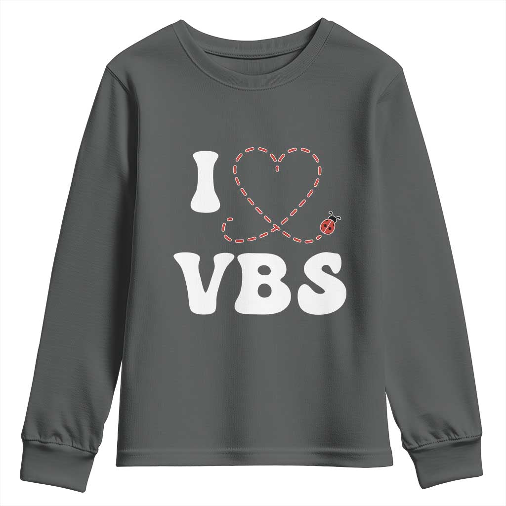 I Love VBS 2025 Youth Sweatshirt Vacation Bible School Ladybug VBS Team TS02 Dark Heather Print Your Wear