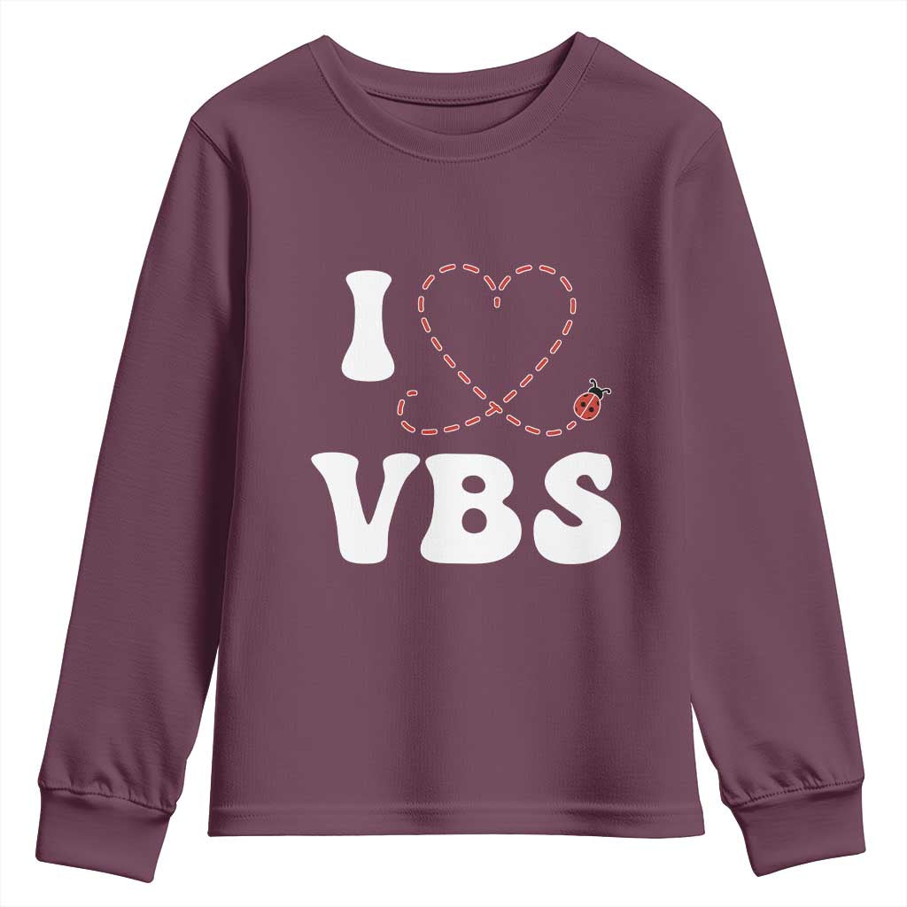 I Love VBS 2025 Youth Sweatshirt Vacation Bible School Ladybug VBS Team TS02 Maroon Print Your Wear
