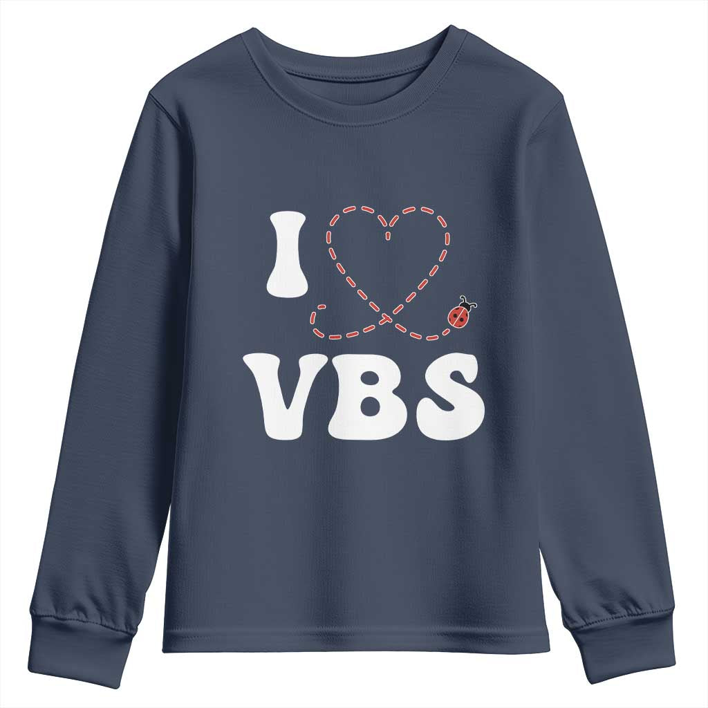 I Love VBS 2025 Youth Sweatshirt Vacation Bible School Ladybug VBS Team TS02 Navy Print Your Wear