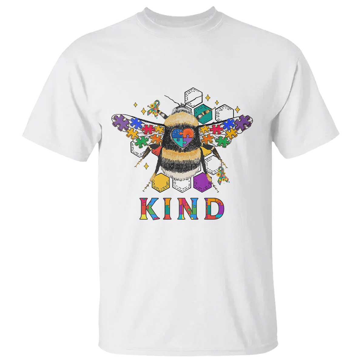 Bee Autism Awareness T Shirt Be Kind Bumblebee Spectrum Ribbon Puzzle Piece TS02 White Printyourwear